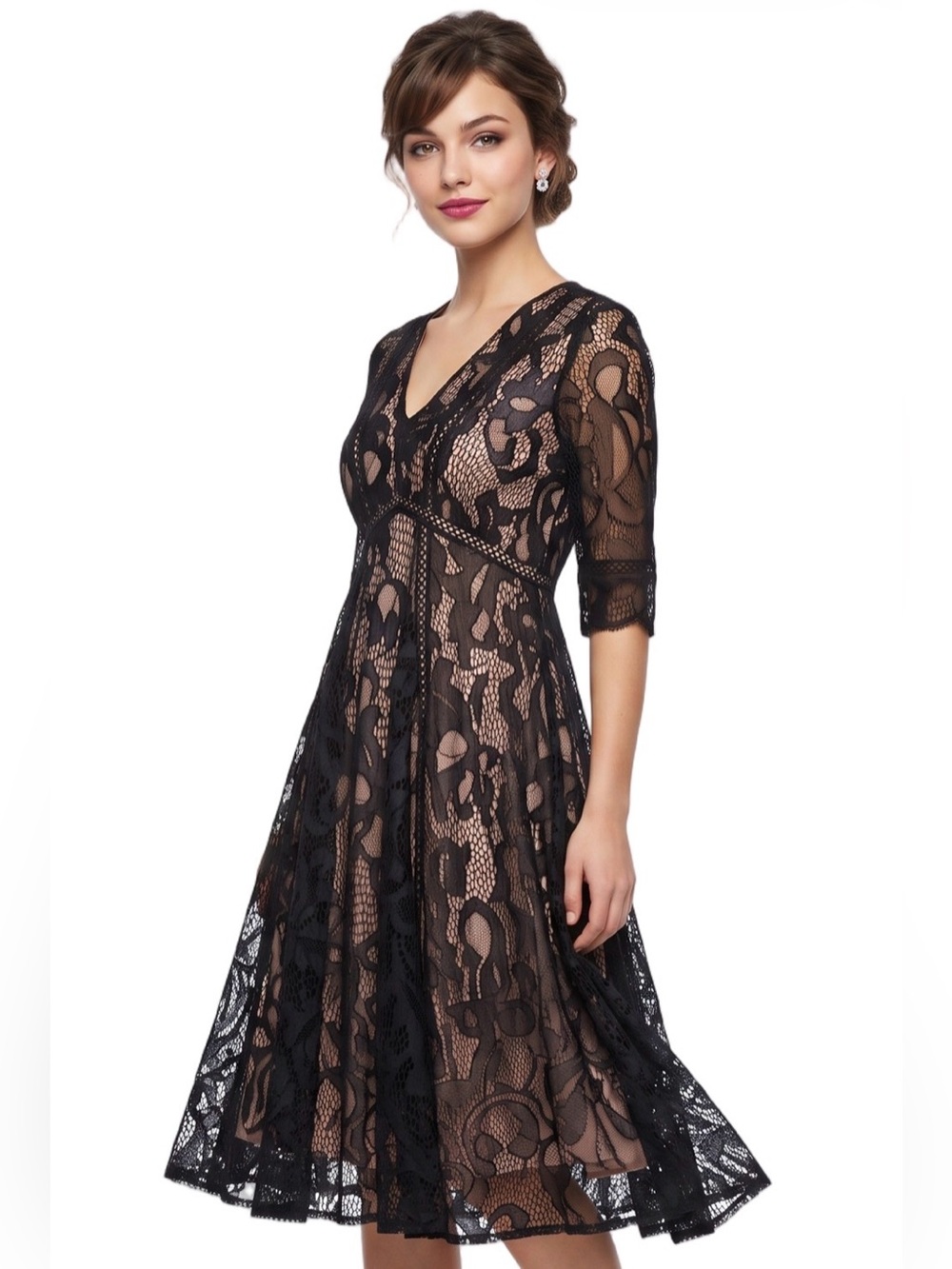 TAYLOR Black Lace Vneck short sleeve Fit and flare midi dress Pink lining SIze 6 - Picture 12 of 14